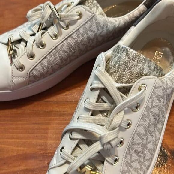 Shoes - Michael Kors white MK logo sneakers with gold accents Size 9M
